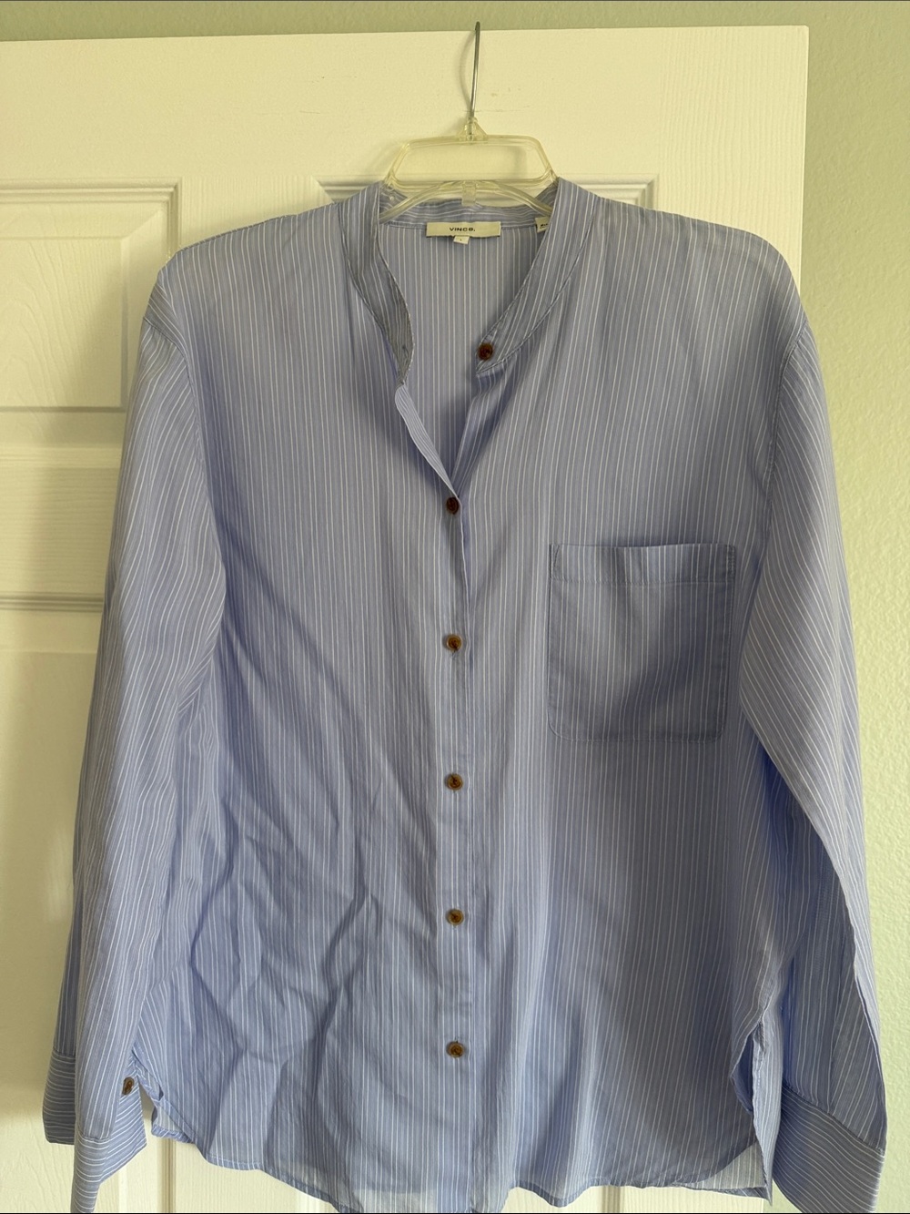 Woman’s Vince Light Blue Pinstripe Band Collar Shirt 89% cotton 19% silk